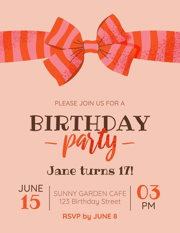 Happy Birthday greeting card or party invitation. Vertical template with red ribbon bow and text. Cute festive design for birthday celebration. Hand drawn grainy illustration. vector