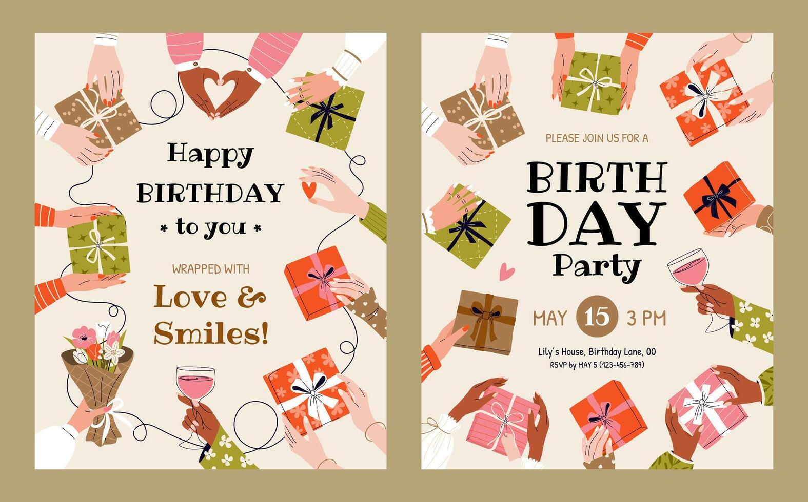 Set of 2 Happy Birthday greeting cards. Vertical templates for birthday party invitation. Female hands holding various wrapped gift boxes. Festive postcard in flat style. Celebration concept. vector