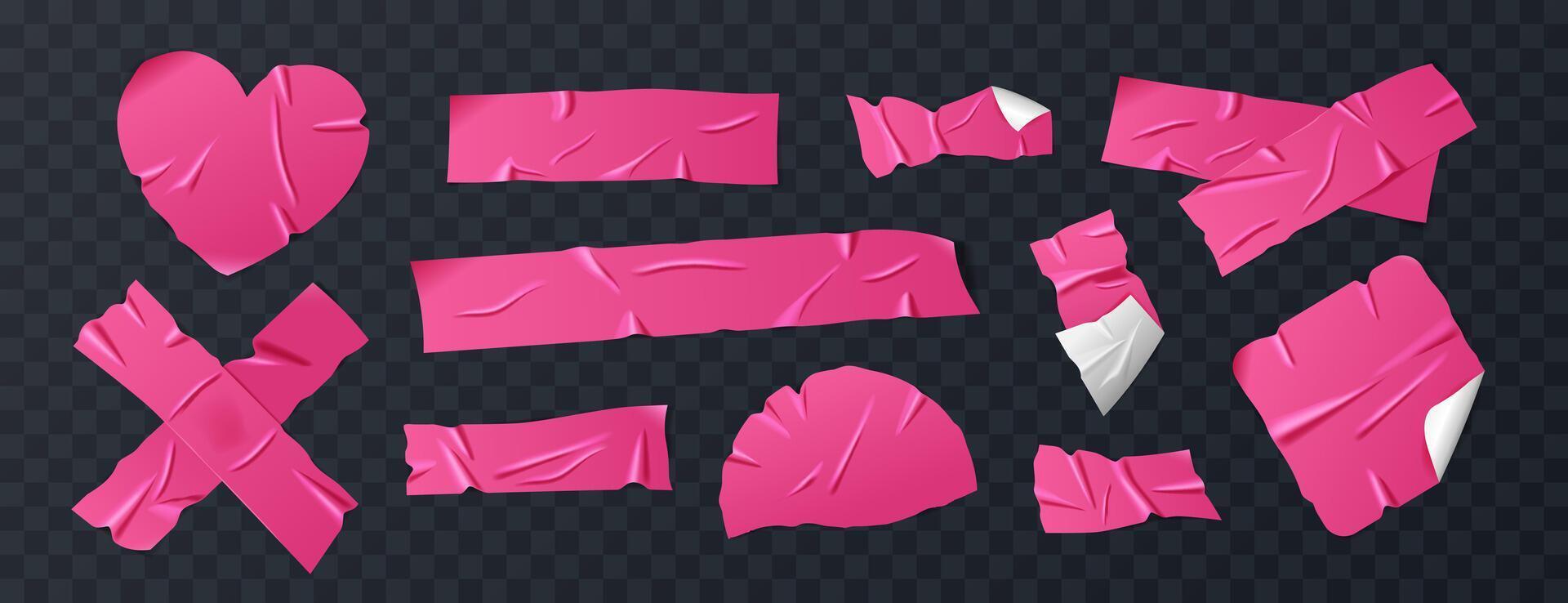 Set of glossy hot pink duct tape, adhesive tape, or sticky paper strips. Isolated elements in various shapes on background. Realistic crumpled tape pieces for collages and creative designs. vector
