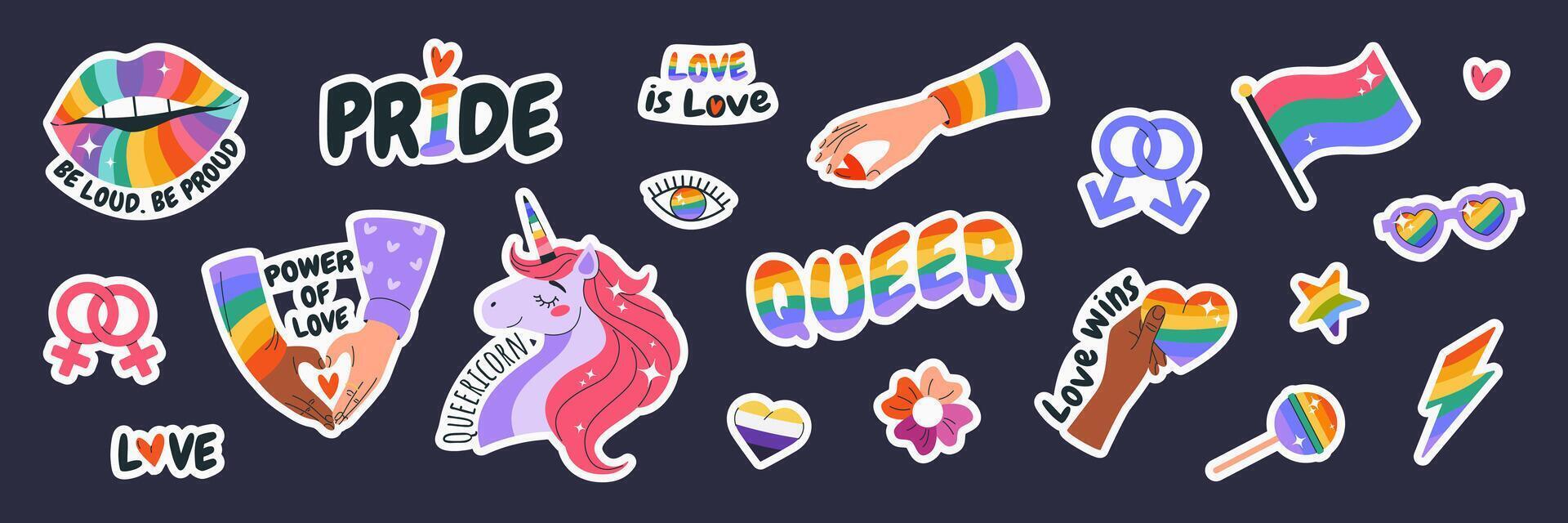 Happy Pride Month. LGBTIA stickers set. Isolated badges with signs, symbols, phrases, inclusive pride flags, unicorn, rainbow lips, hands, eye. Isolated elements on dark background. vector