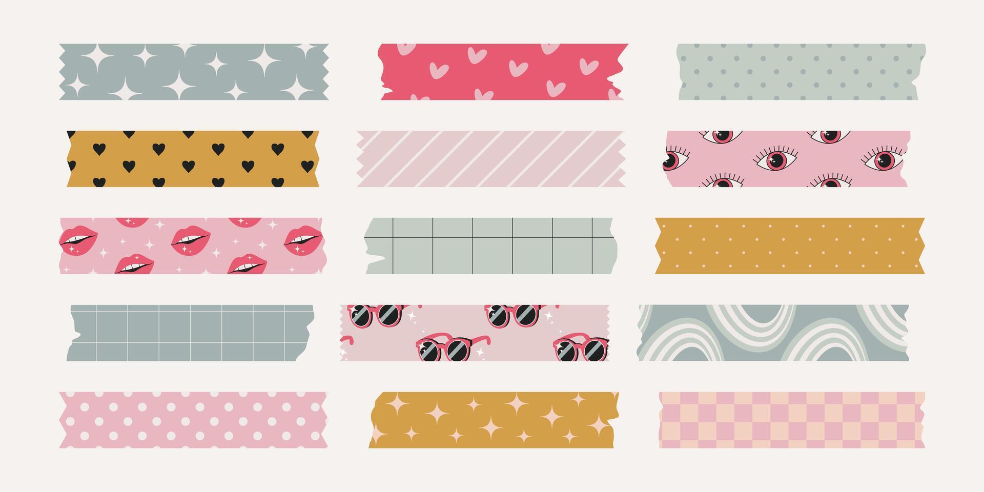 Set of isolated washi tape stripes, sticky duct tapes with different ornaments, patterns. Cute girly elements with ripped edges on white background. Bundle for scrapbooking, collages, planners. vector