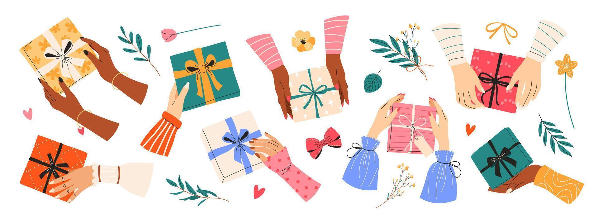 Set of female hands with various gift boxes, bows, flowers and herbs. Hand drawn clipart bundle. Isolated flat illustrations for Happy New Year, Mother's Day, Valentine's Day and birthday designs vector