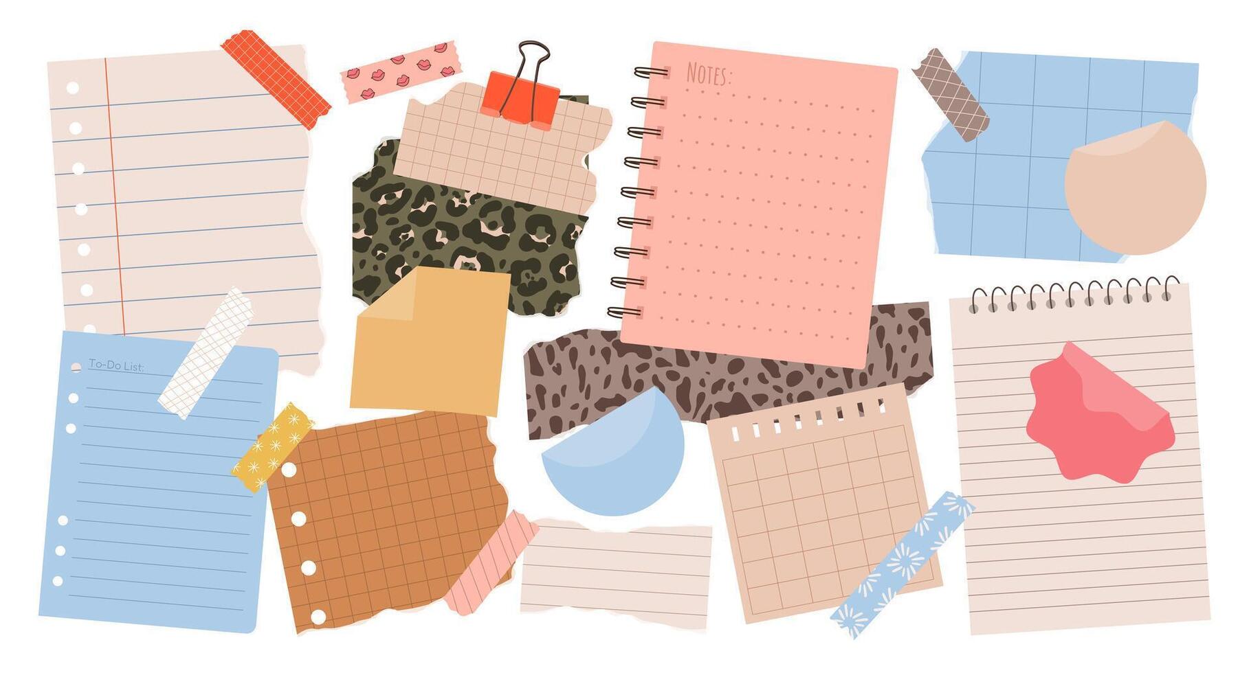 Set of various torn paper notes, stickers, to do list, notebook, duct tapes. Isolated flat sticky elements, planners, reminders for mood boards, scrapbooking or collages. vector