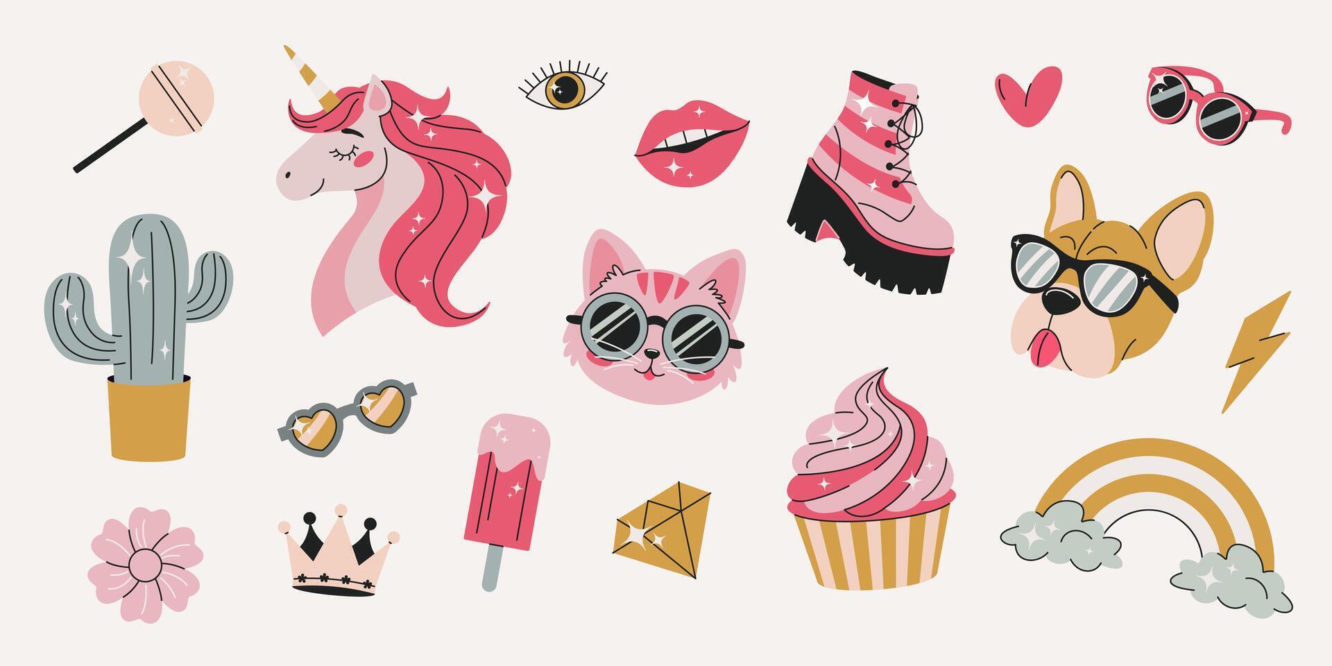 Set of different modern stickers for scrapbooking, collages, girly prints, diary and planners designs. Isolated elements and symbols. Unicorn, dog, cat, cactus, rainbow, crown, diamond. vector