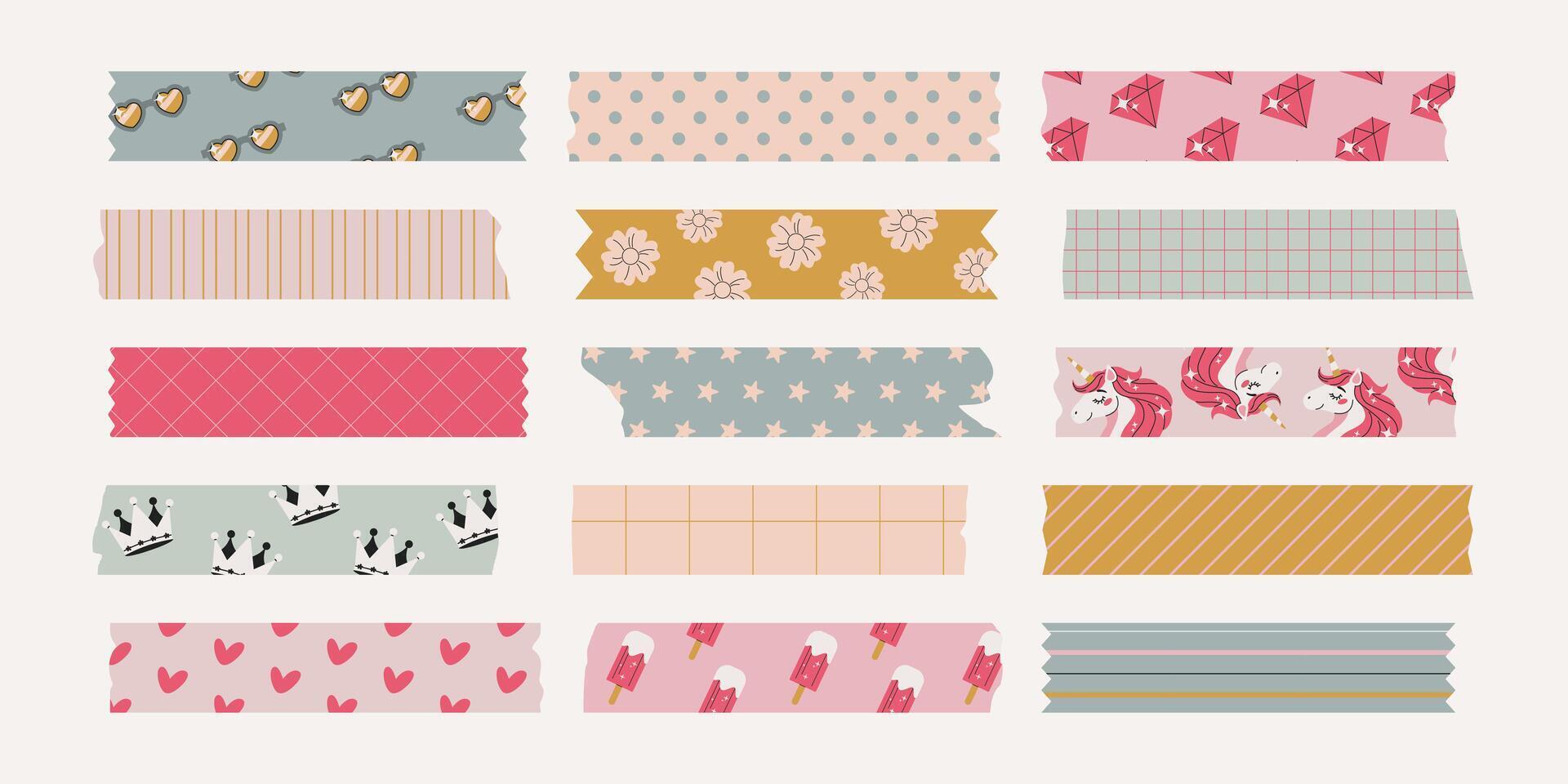 Set of isolated washi tape stripes, sticky duct tapes with different ornaments, patterns. Cute girly elements with ripped edges on background. Bundle for scrapbooking, collages, planners. vector