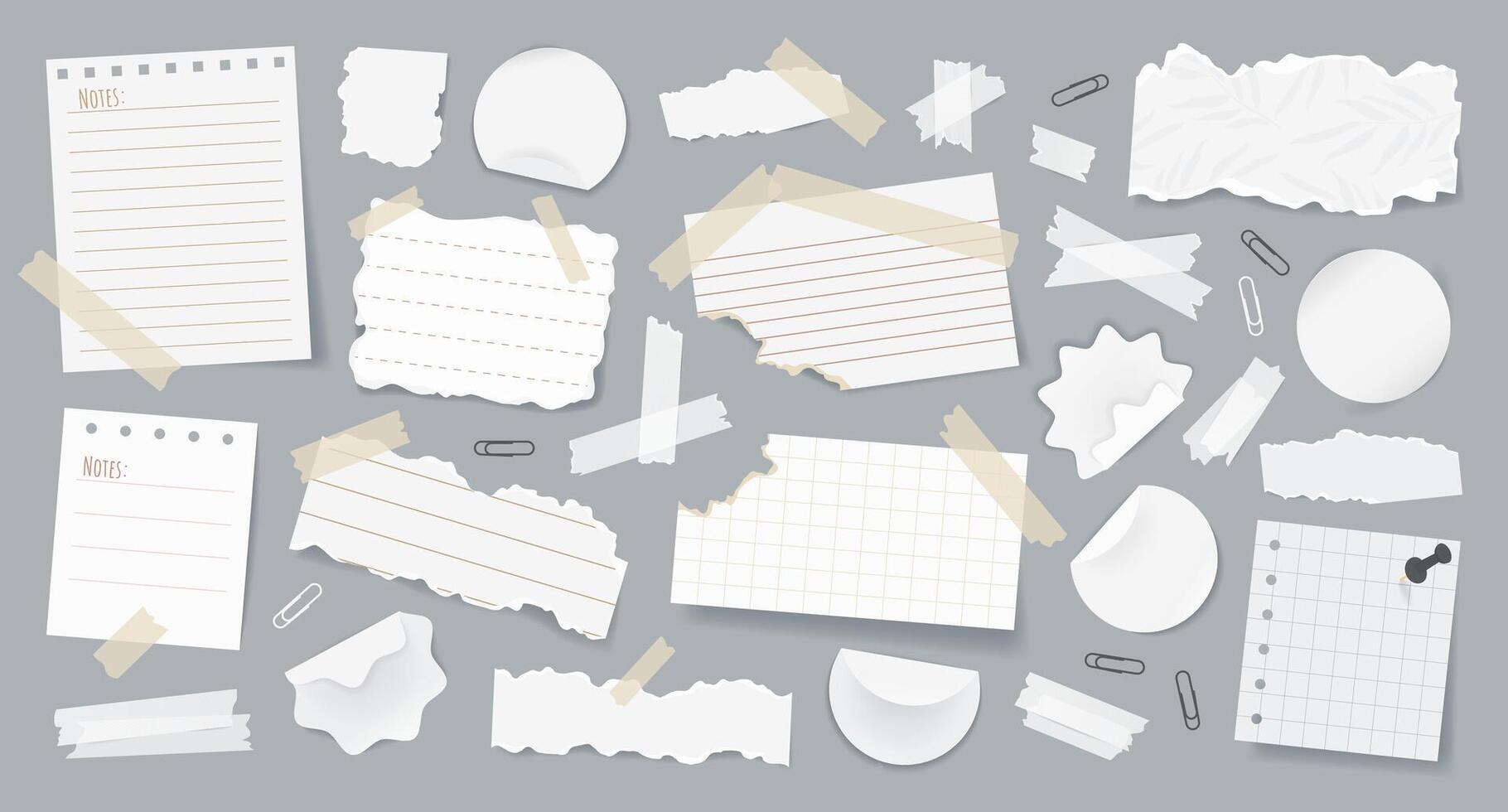 Set of realistic torn paper notes, stickers, to do list, duct tapes, paper clips. Isolated blank sticky elements and reminders for mood boards, scrapbooking, and collages on background. vector
