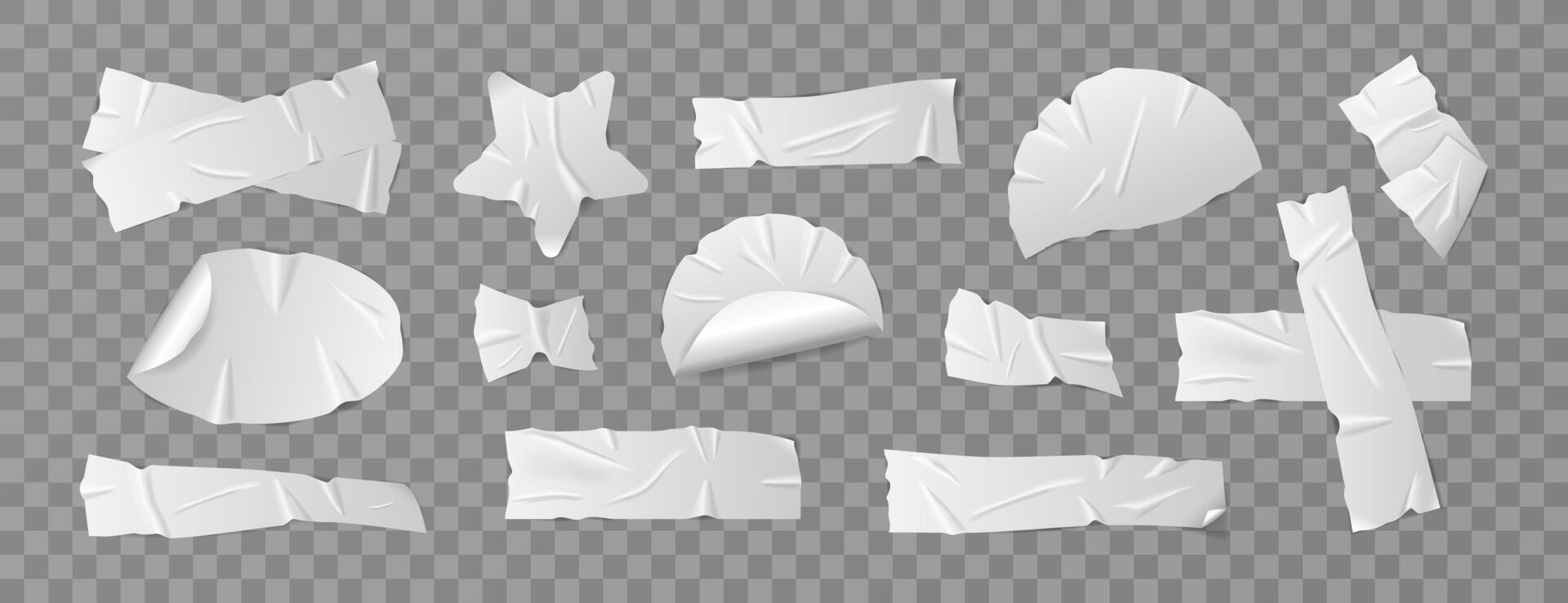 Set of white duct tape, adhesive tape, sticky paper strips. Isolated elements in various shapes on background. Collection of realistic tape pieces for collages and creative designs. vector