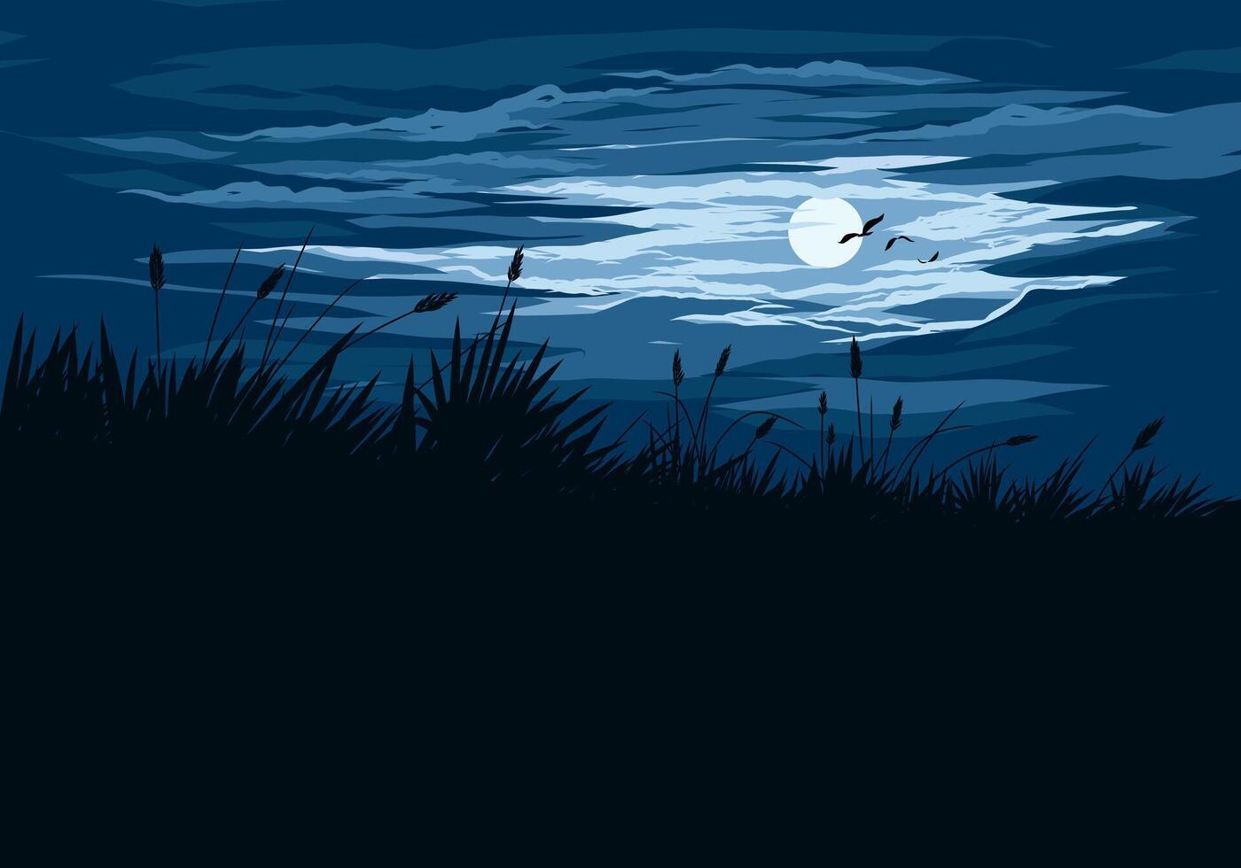 Scenic calm night illustration with grass silhouette, grass and flying birds vector