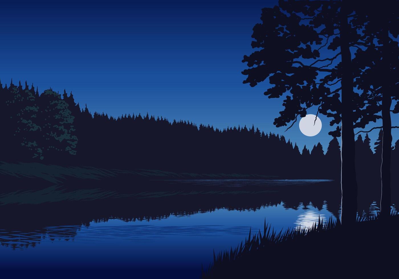 Tranquil night landscape illustration with river, forest and full moon vector