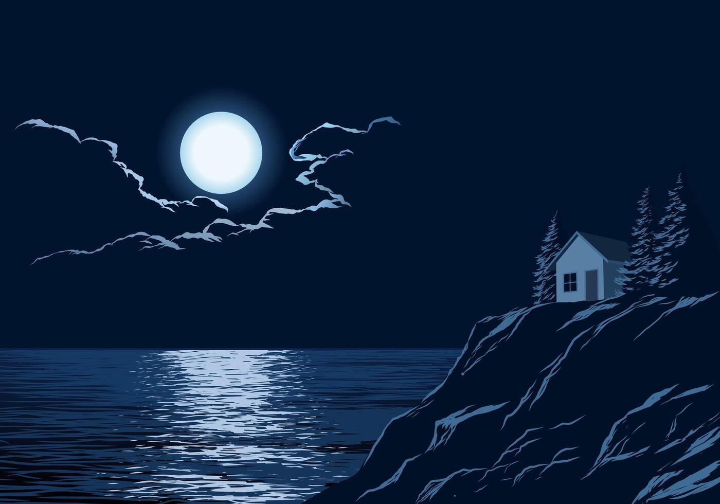 Serene night landscape illustration with a cottage by the seaside vector