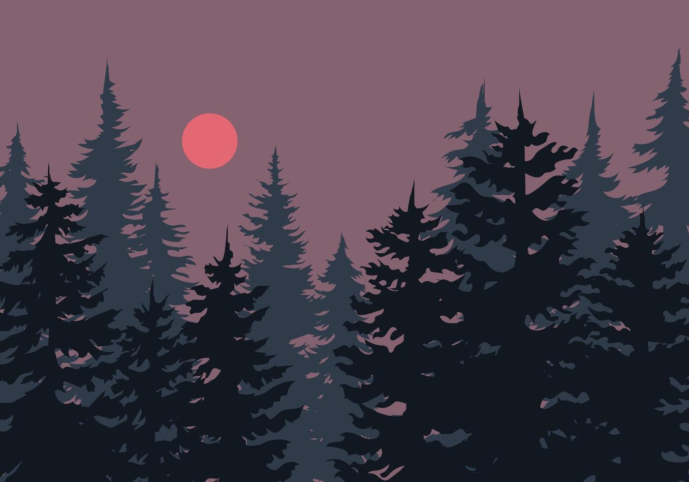 Pine forest silhouette at tranquil sunset with glowing sun vector