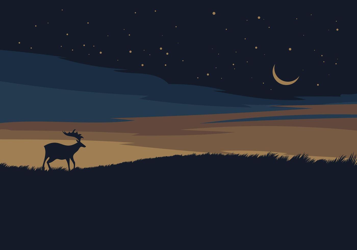 Minimalist fantasy night sky illustration with an elk, moon and stars vector
