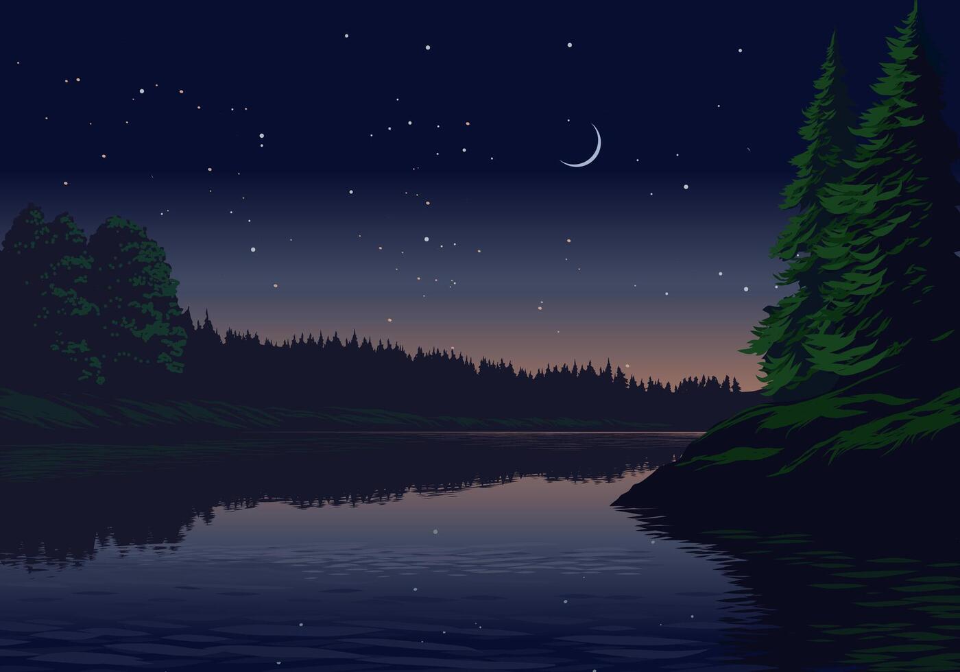 Beautiful breathtaking night landscape with river, forest, moon and stars vector