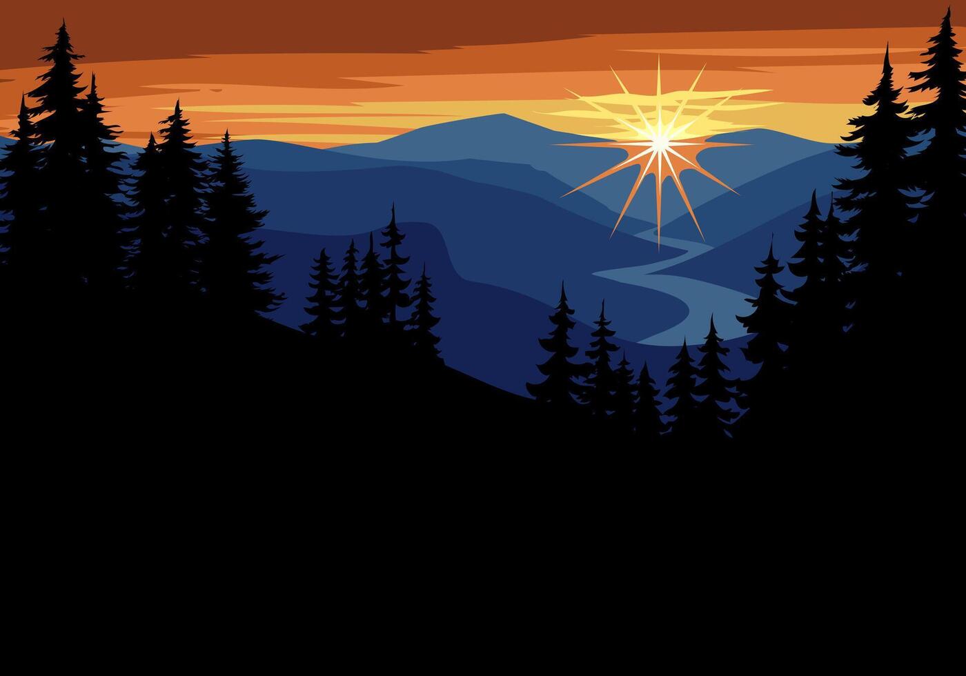 Serene sunset in pine forest with mountain and river in the distance vector