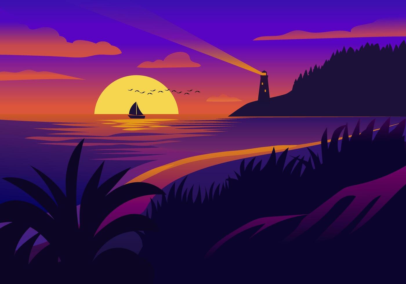 Beautiful serene beach sunset illustration vector