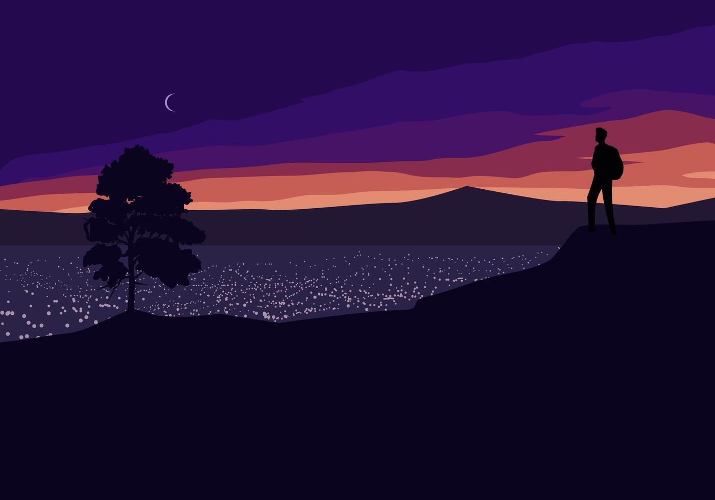 Relaxing night illustration with a hiker standing alone on the top of the hill and city lights in the background vector