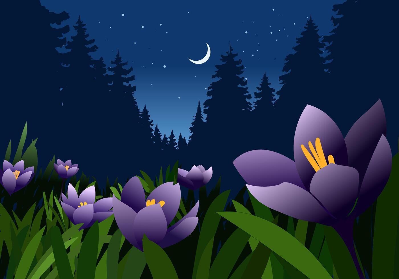 Blooming flowers illustration with moon and starry night in forest vector