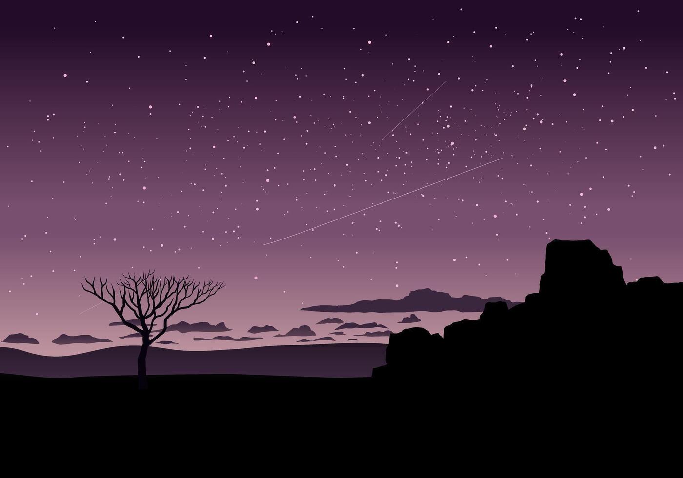Beautiful quiet night with starry sky and solitary tree in desert vector
