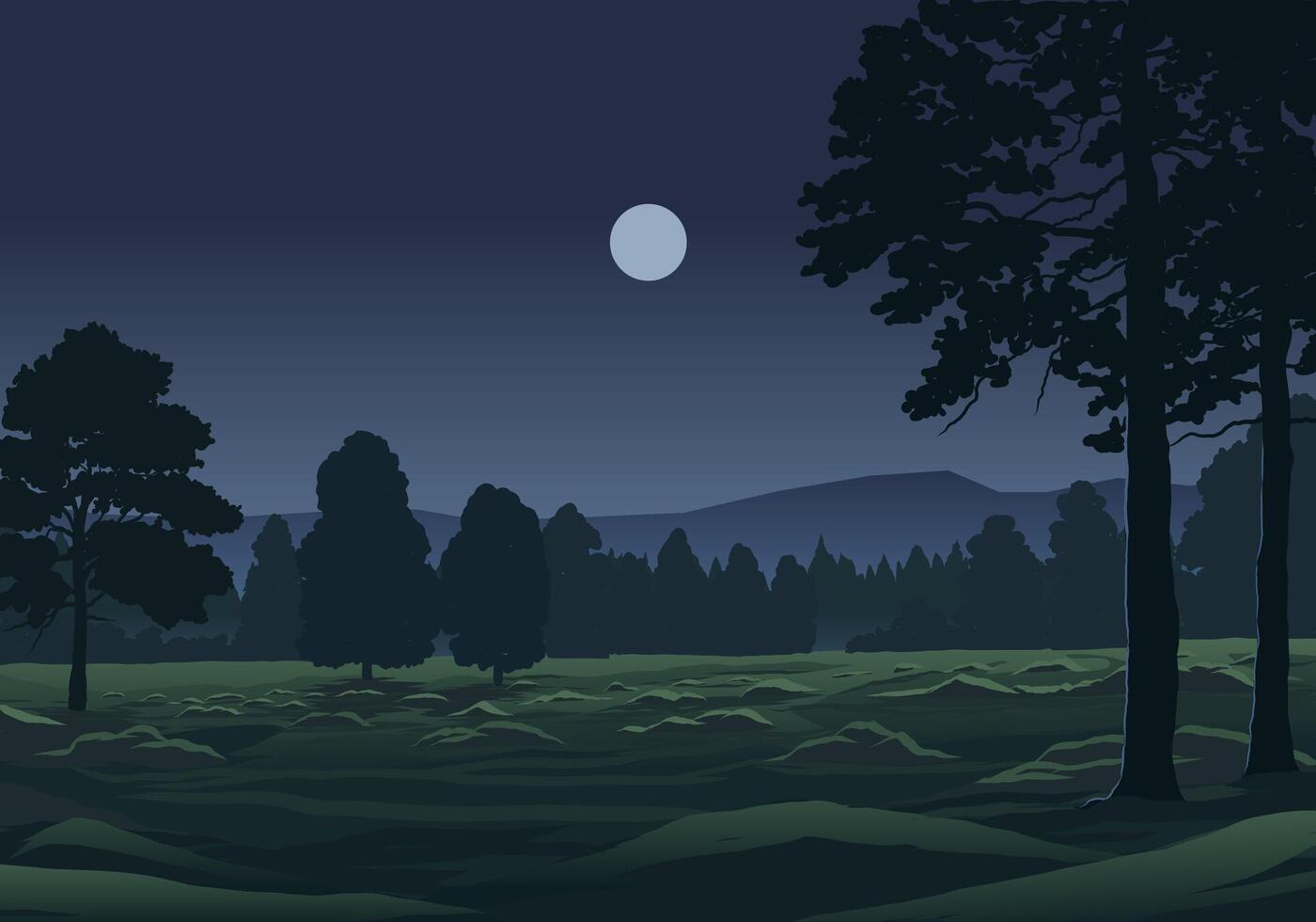 Night landscape of meadow with forest, mountain and full moon vector