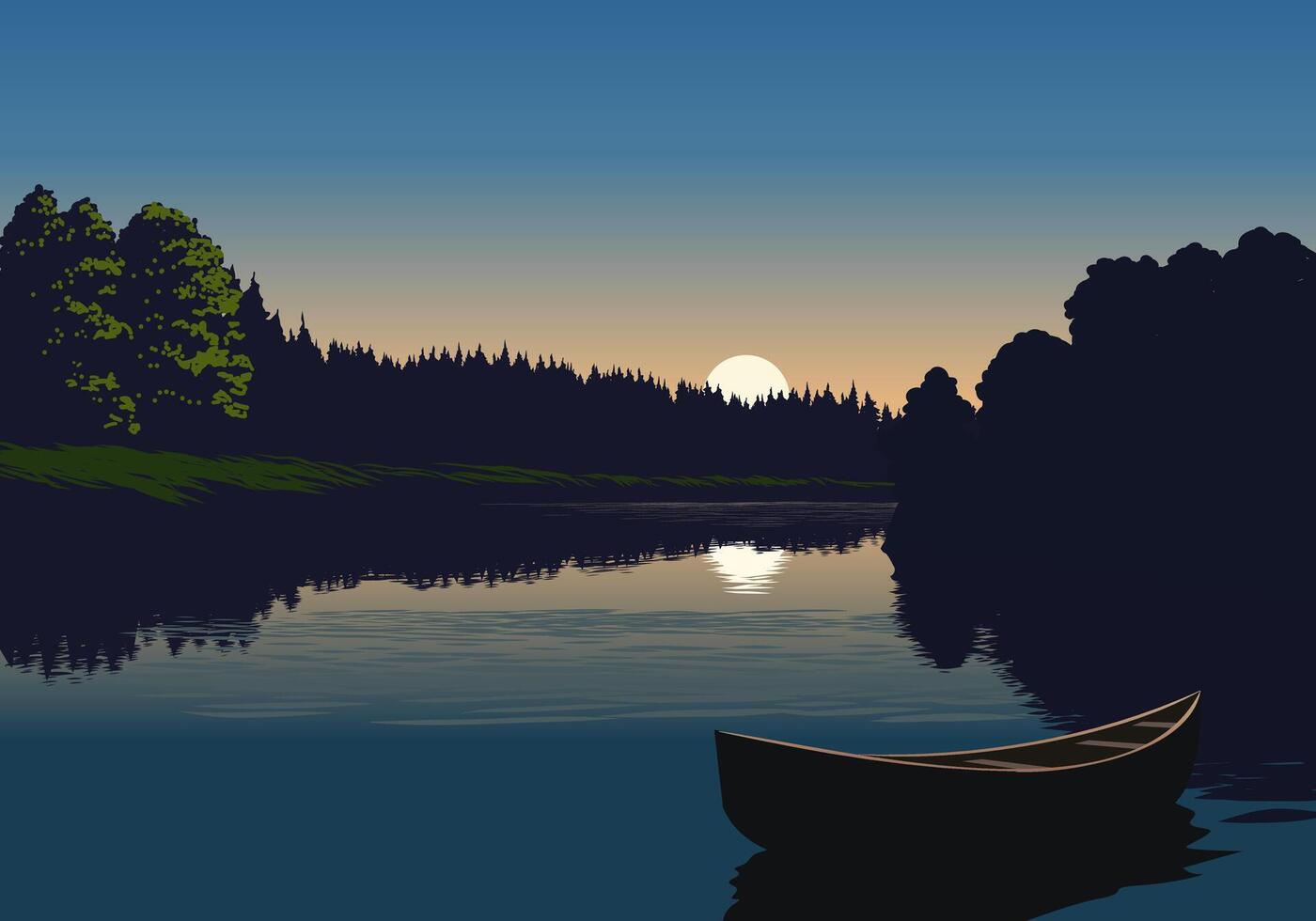 Sunset landscape illustration with an empty boat in the river vector