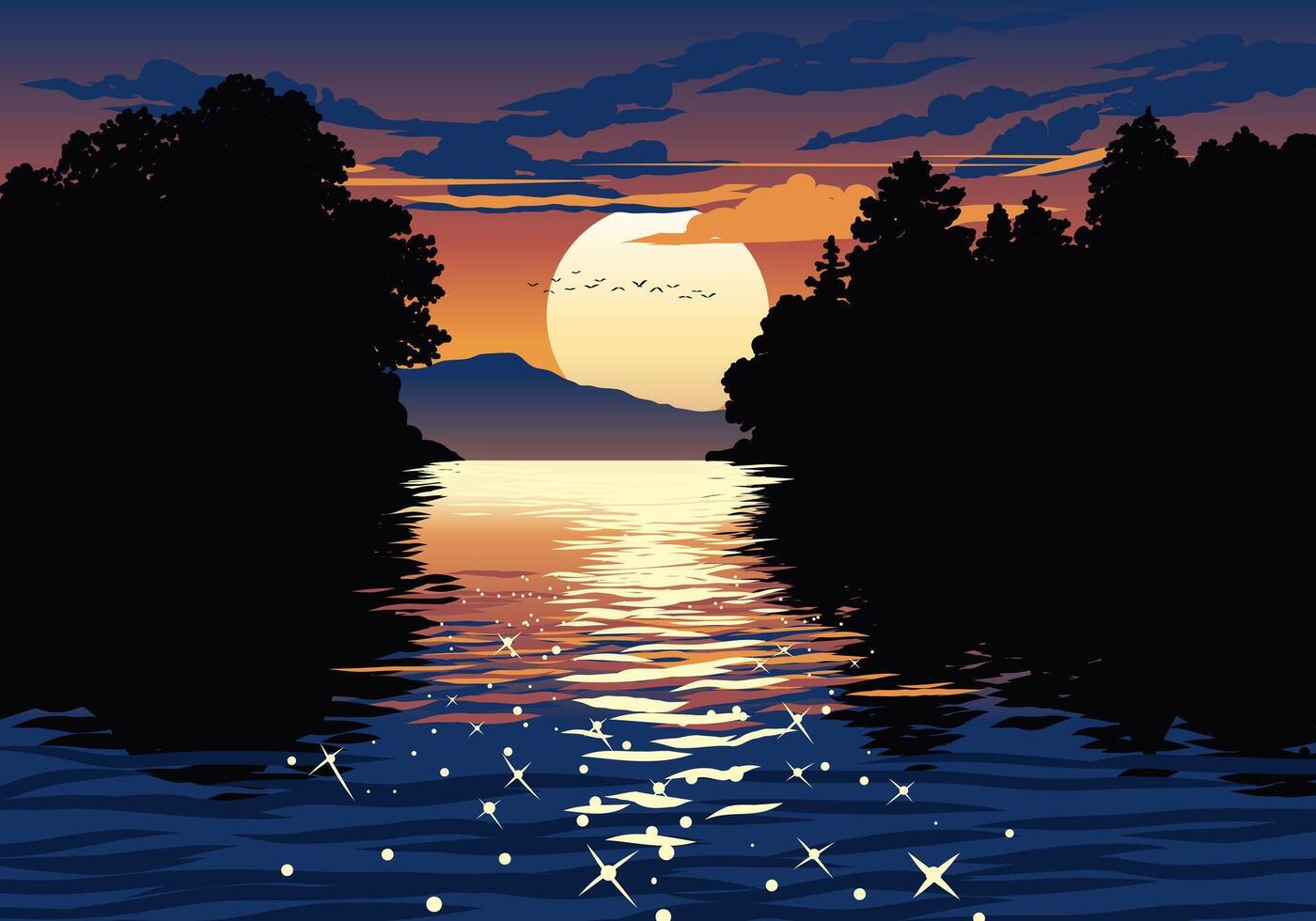 Stunning river sunset illustration with silhouette of trees in the background vector