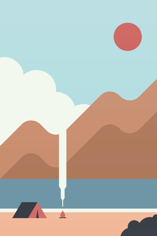 Flat outdoor boho camp fire landscape wall art illustration background vector