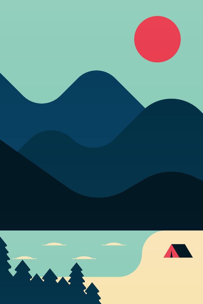Flat camp outdoor boho landscape wall art illustration background vector