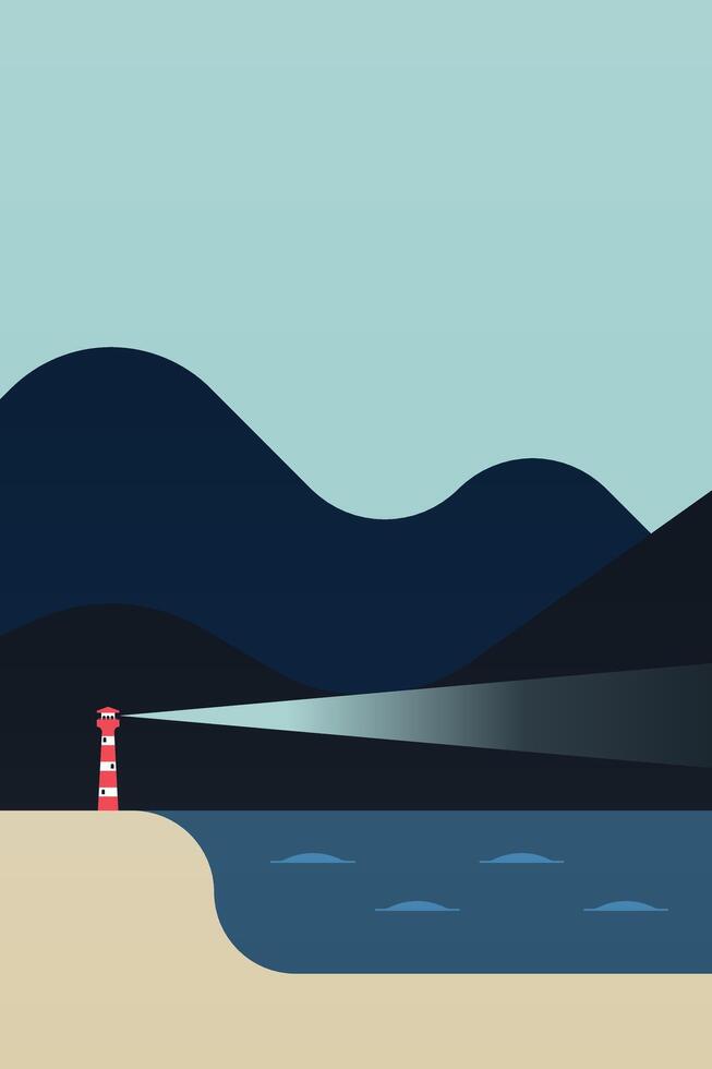 Flat outdoor boho lighthouse landscape wall art illustration background vector