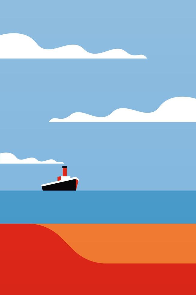 Flat outdoor cargo ship boho landscape wall art illustration background vector