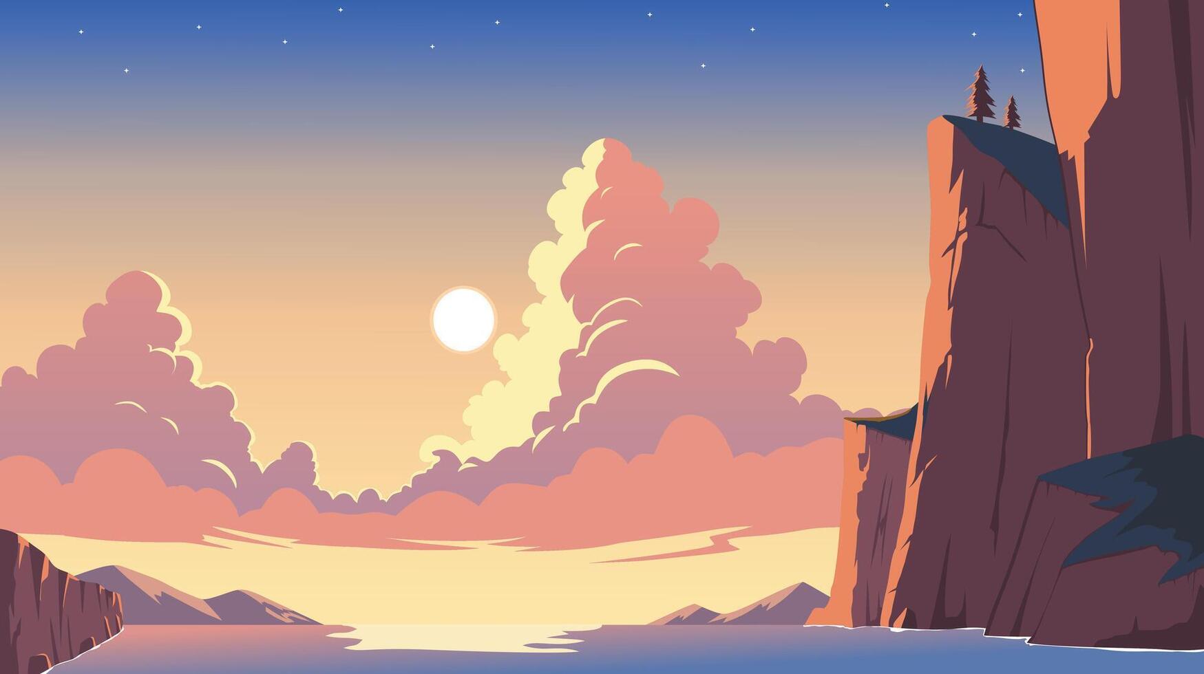 Peaceful Sunset Scenery Featuring Sea, Cliffs and Clouds, nature background in flat style vector