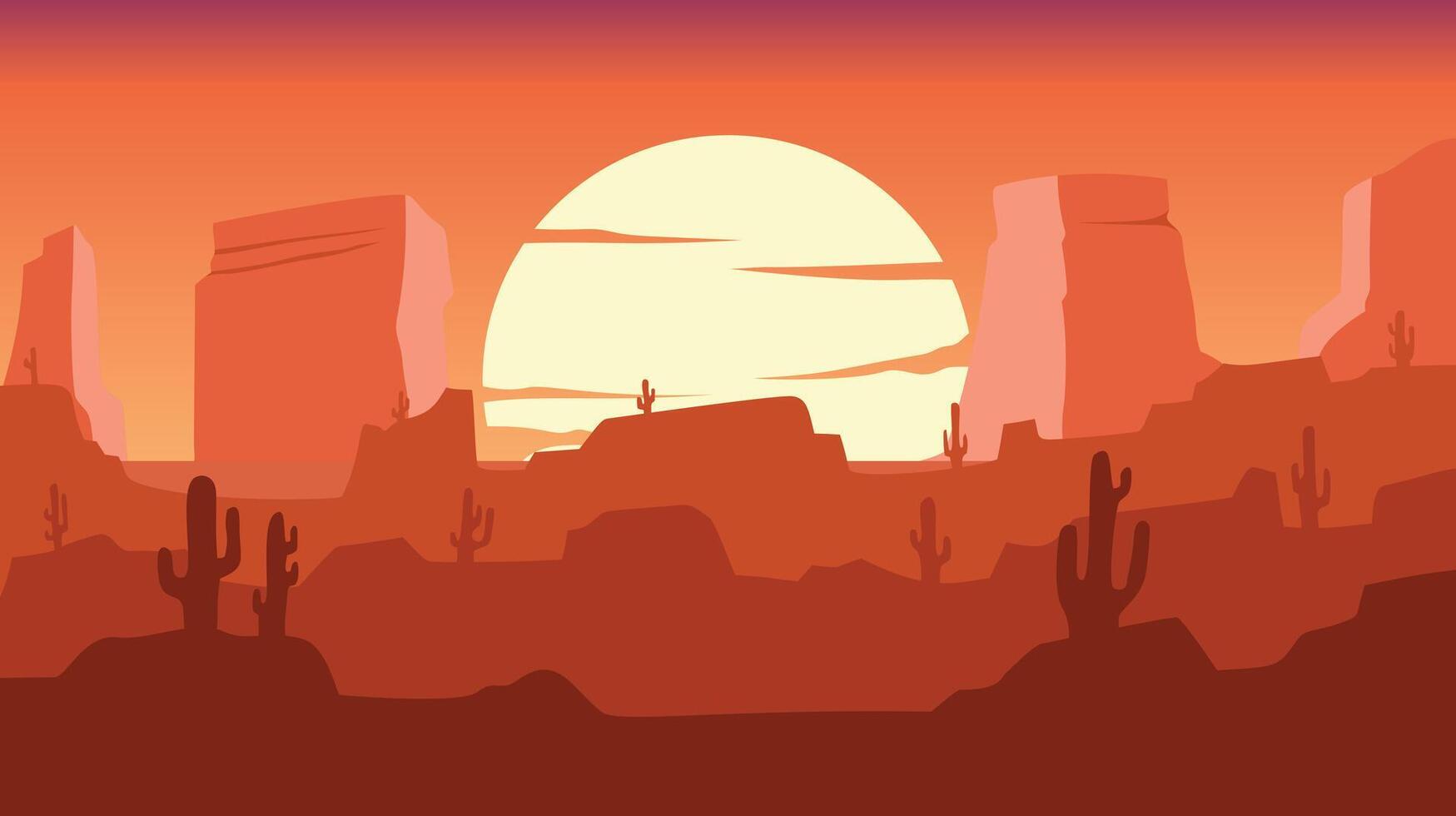 Desert Silhouette Landscape With Towering Rock And Cactus, Sunset Scenery, nature theme background vector