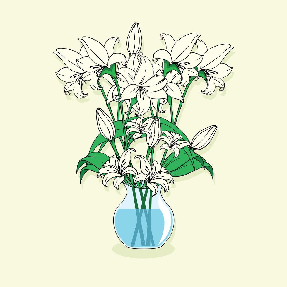 Elegant White Lilies Bouquet In Glass Vase, nature concept illustration clipart vector