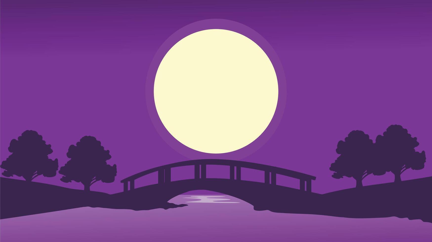 Silhouette of Bridge Under Big Moon and Silhouette of Trees, background with nature concept vector