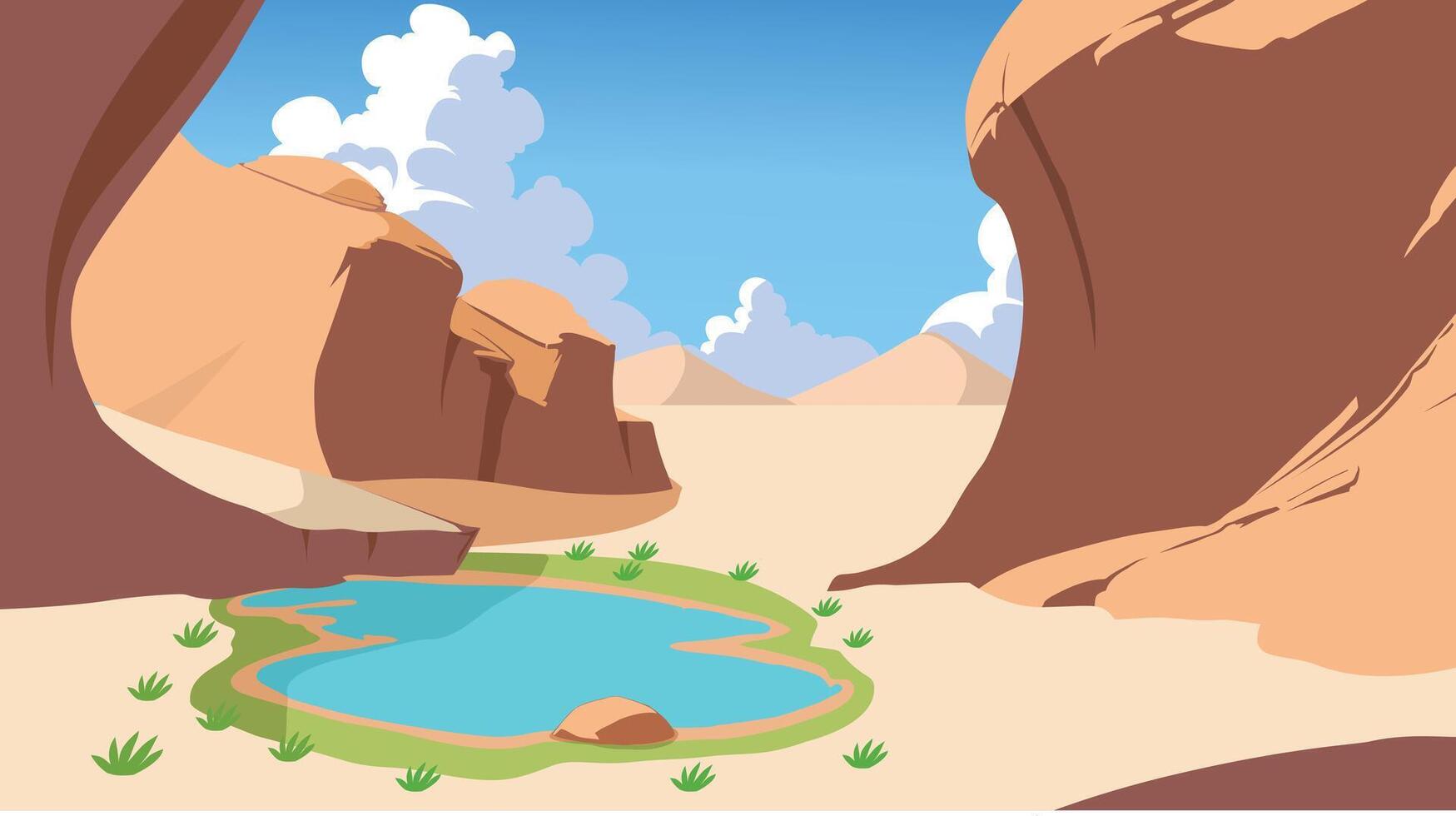 Peaceful Desert Oasis Among Rocky Cliffs, background with nature landscape concept in flat style vector