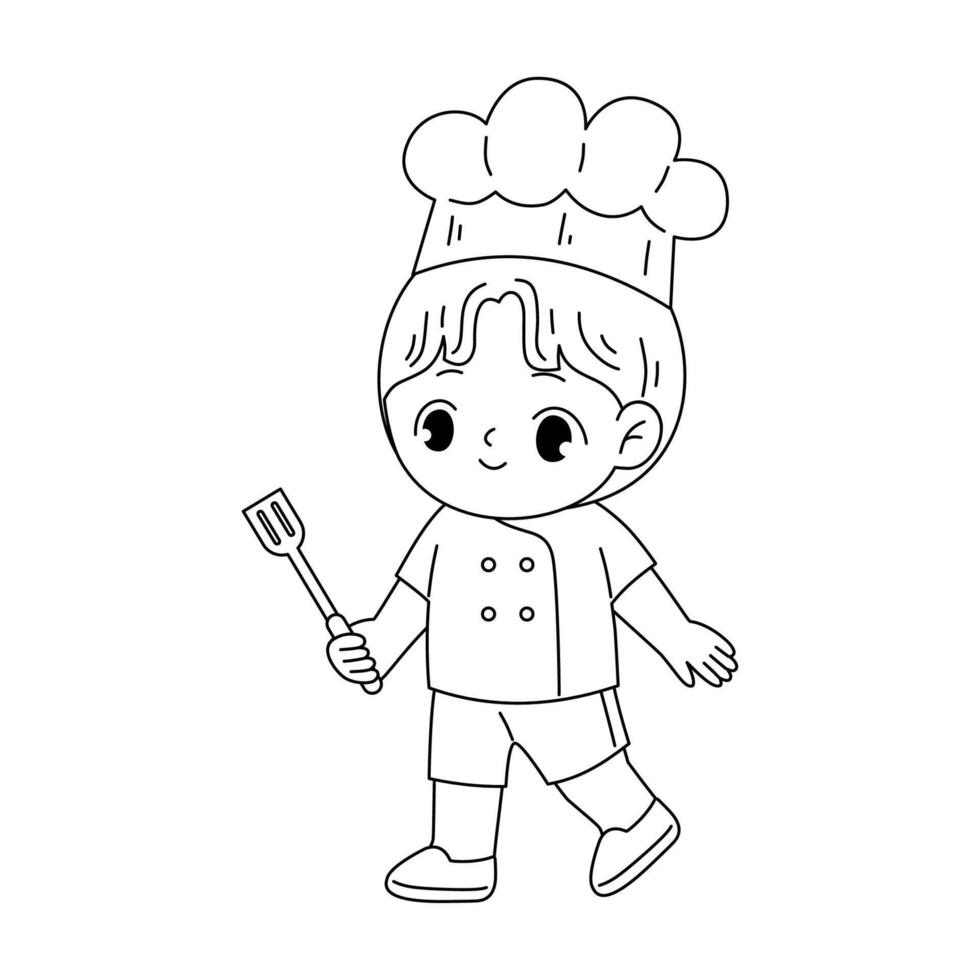 cute kid chef outline holding spatula vector