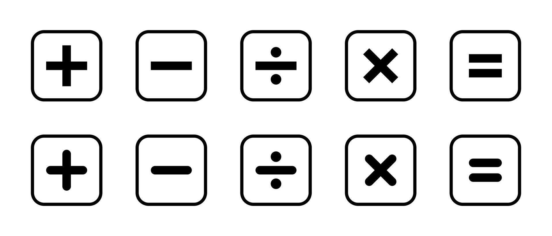 Basic math symbols icon on square line. Addition, subtraction, division, multiplication, and equation sign vector