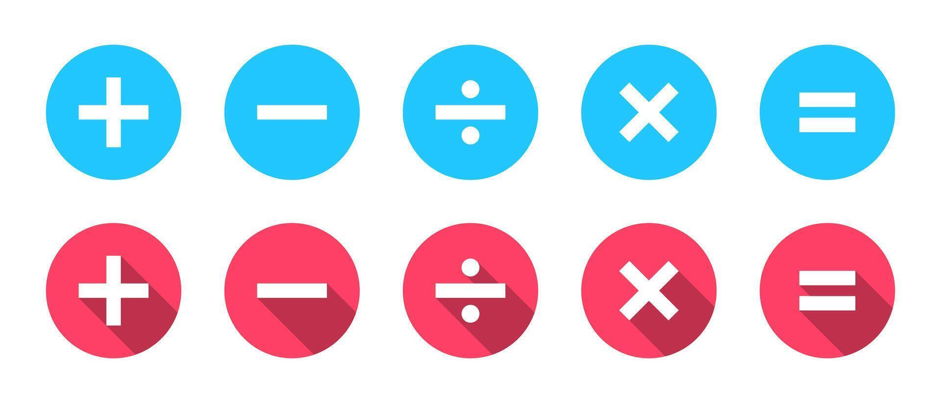 Basic math symbols icon with long shadow. Addition, subtraction, division, multiplication, and equation sign vector