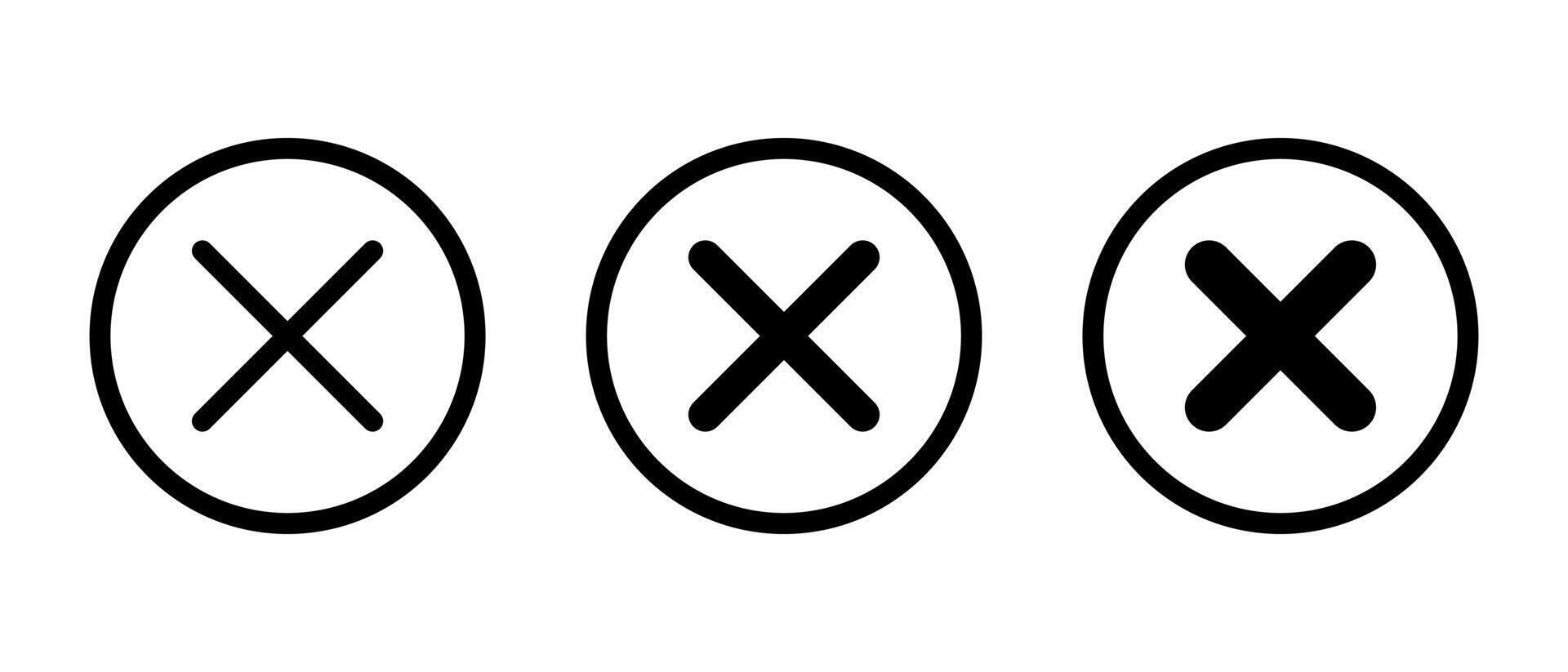 Cross, x mark icon set on circle line. Wrong, error, close sign symbol vector