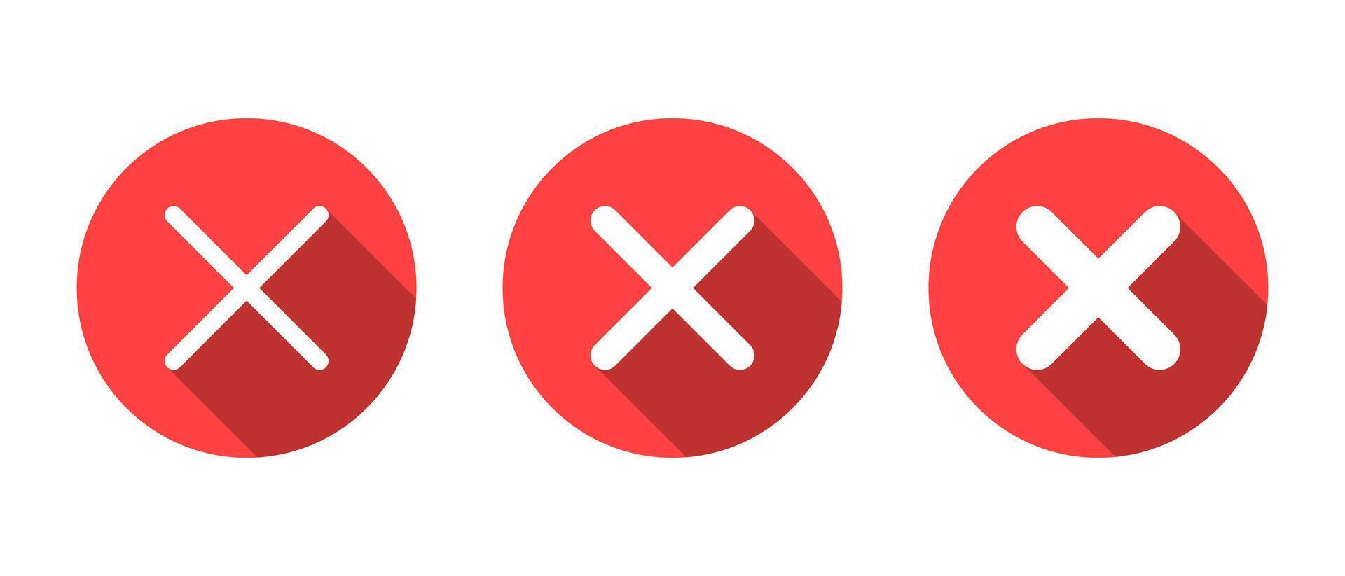 Cross, x mark icon set with long shadow. Wrong, error, close sign symbol vector