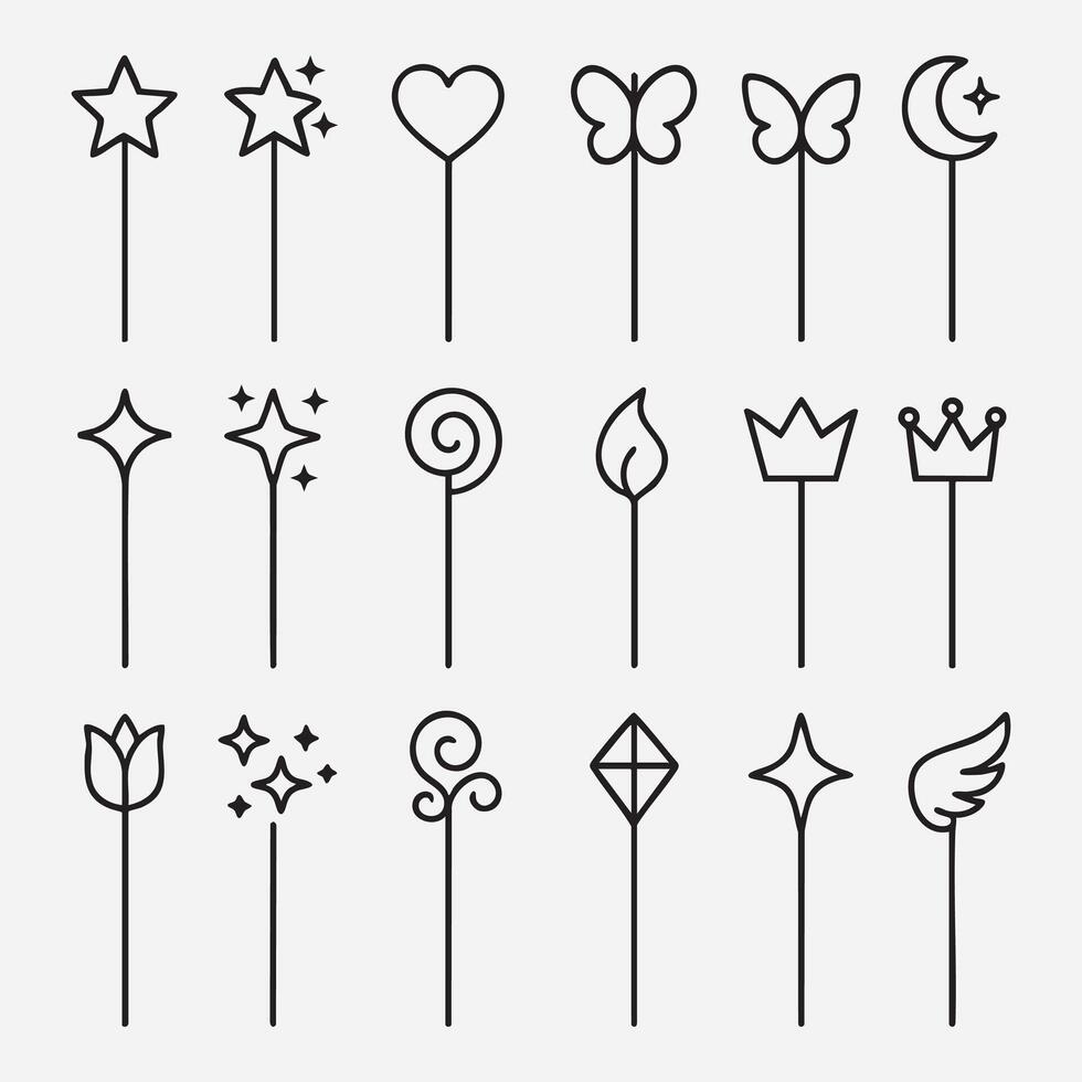 set of black line magic wand icons with stars hearts and fantasy shapes, minimalist outlined wand collection with cute and magical designs vector