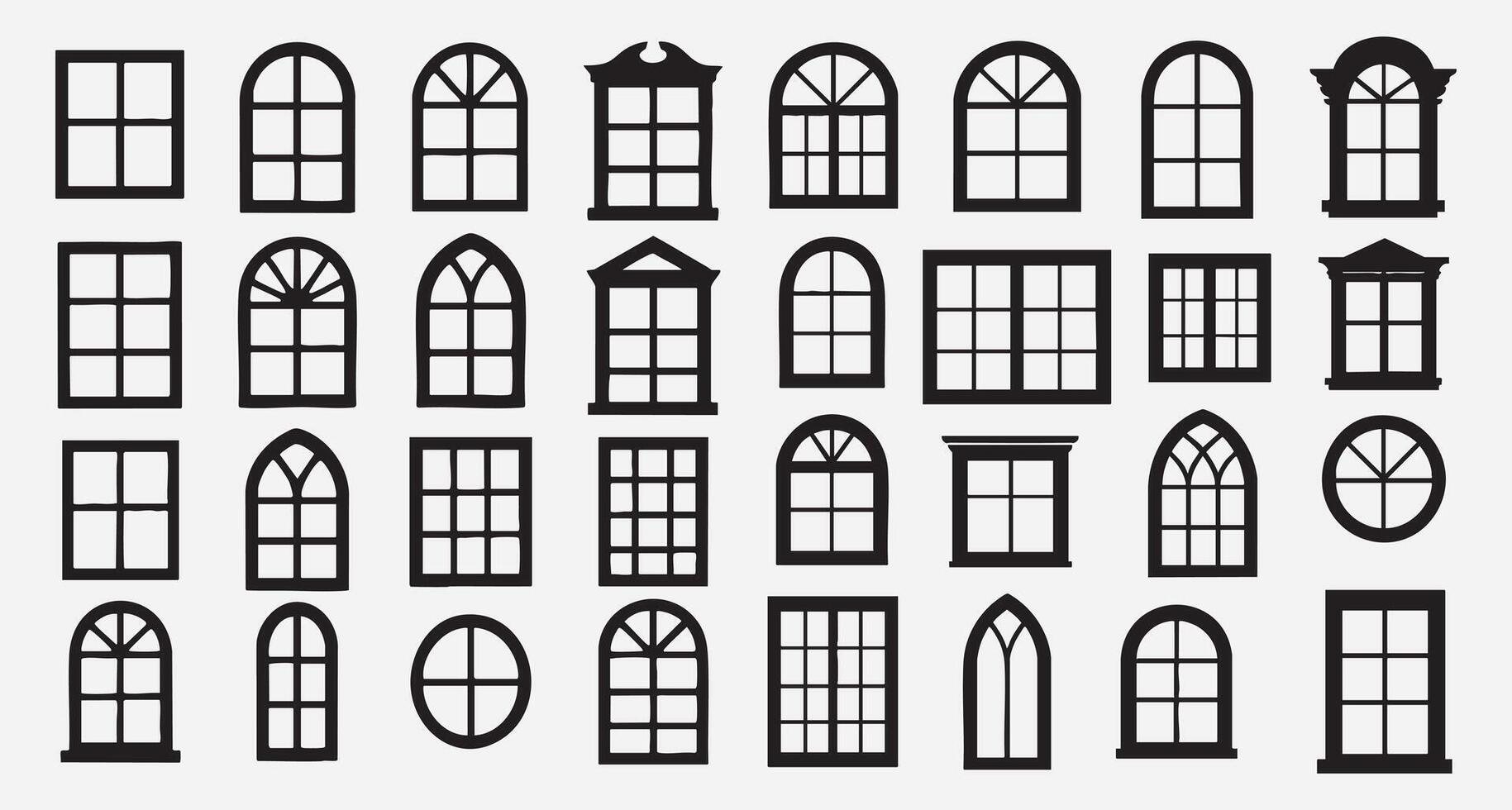 Collection of window silhouettes architectural styles line drawing vector
