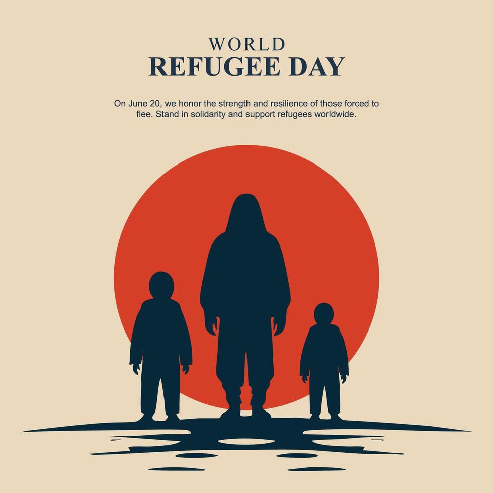 World refugee day poster with silhouettes of two children and a man standing in front of a sunset vector