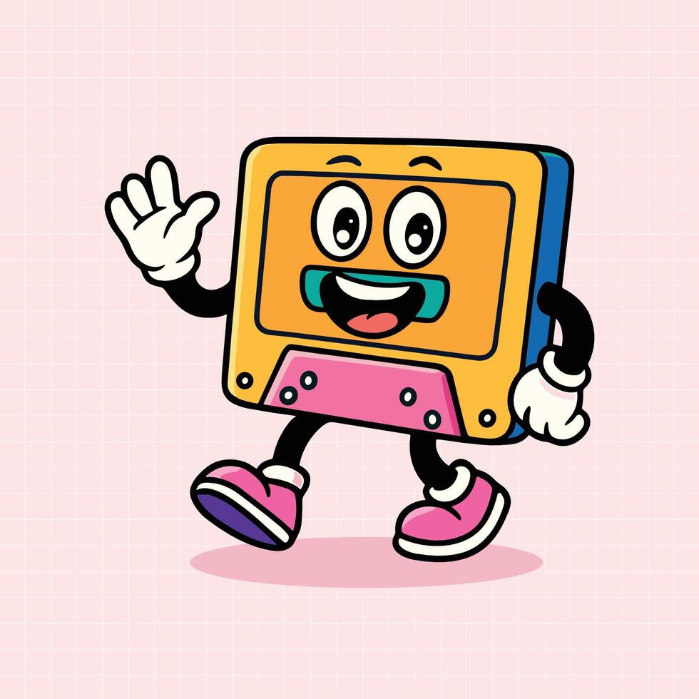 Hand drawn Retro Mascot funny cassette cartoon illustration vector