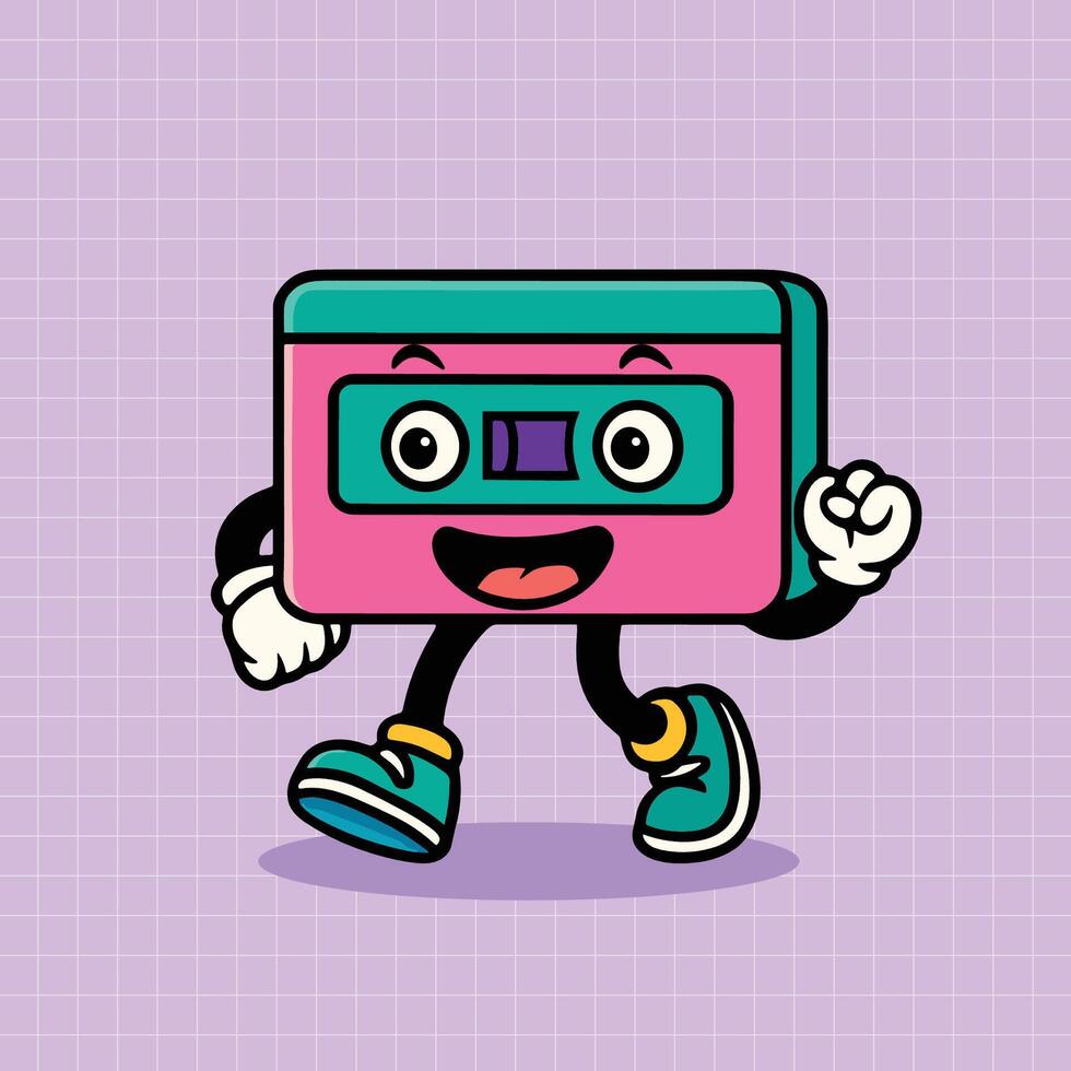 Hand drawn Retro Mascot happy cassette cartoon illustration vector
