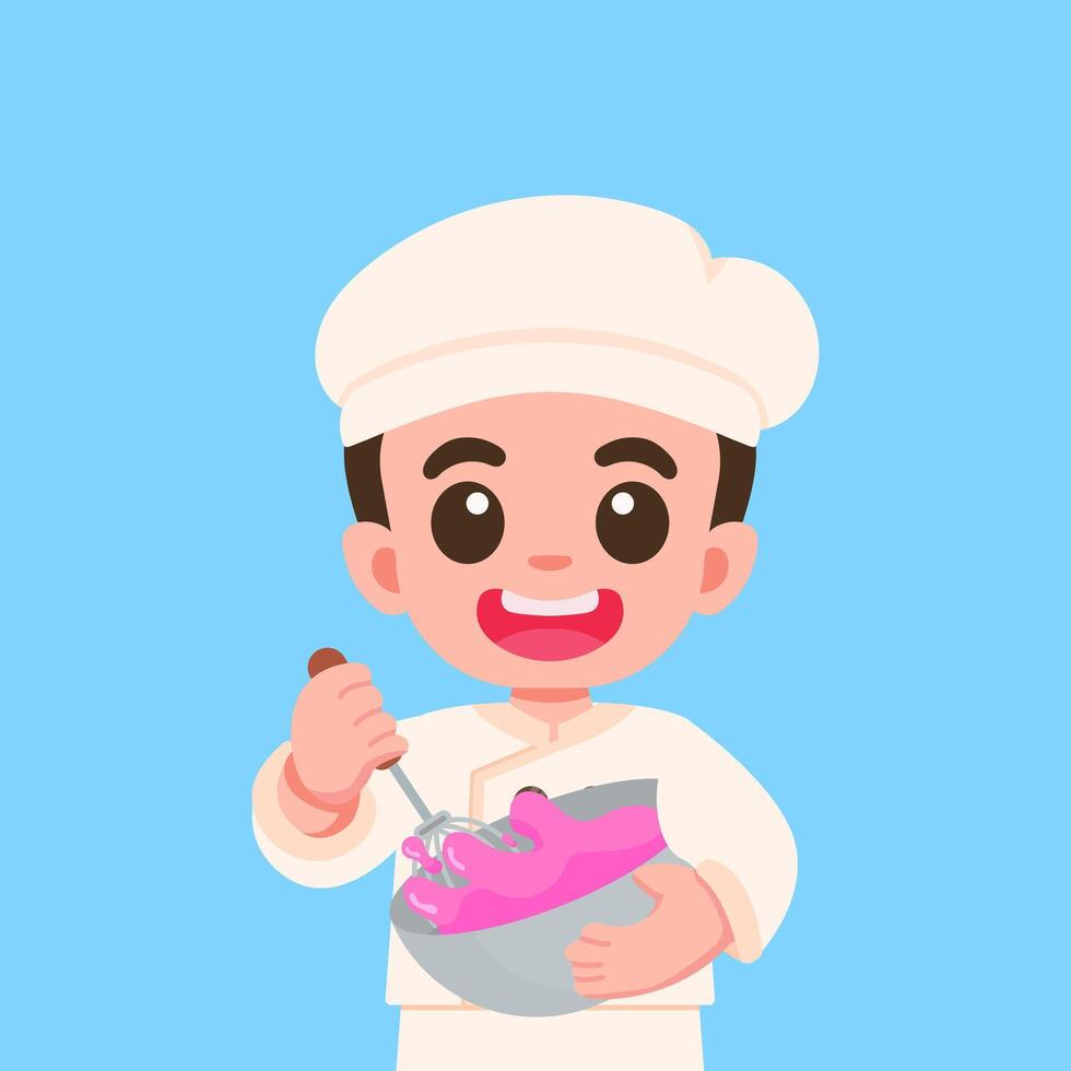 Cute Cartoon Boy Chef Mixing Dough Character design vector