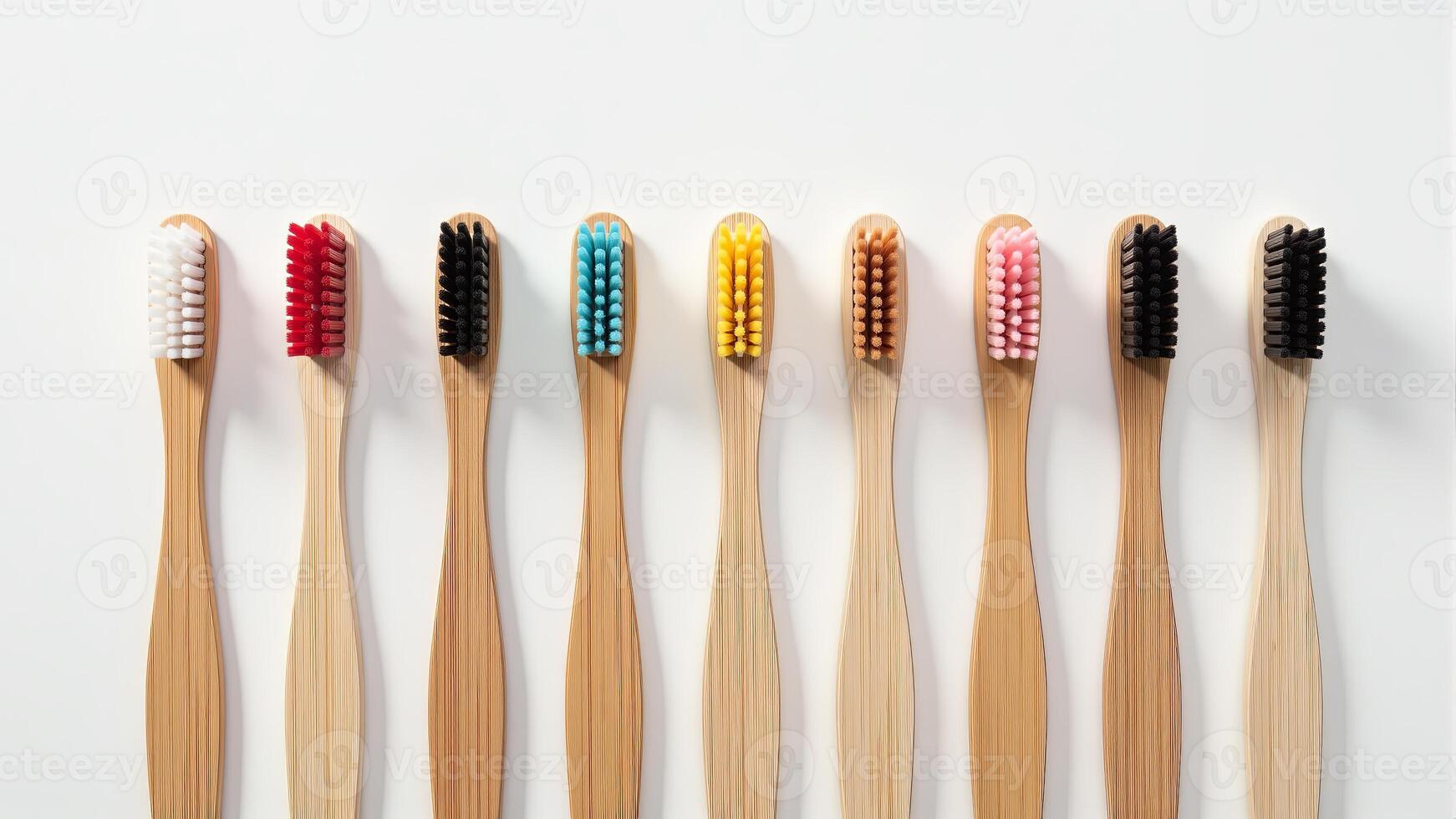 Collection Of Bamboo Toothbrushes On White photo