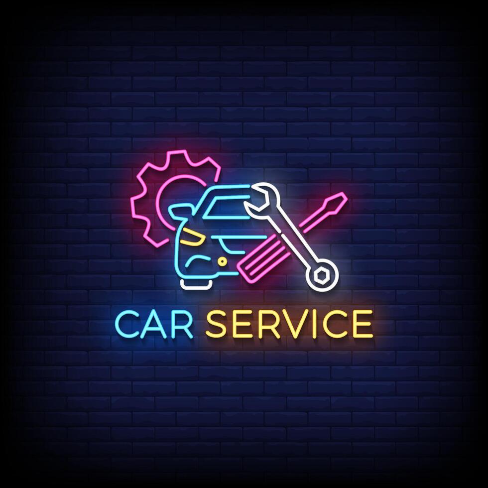 car service neon sign with brick wall background vector