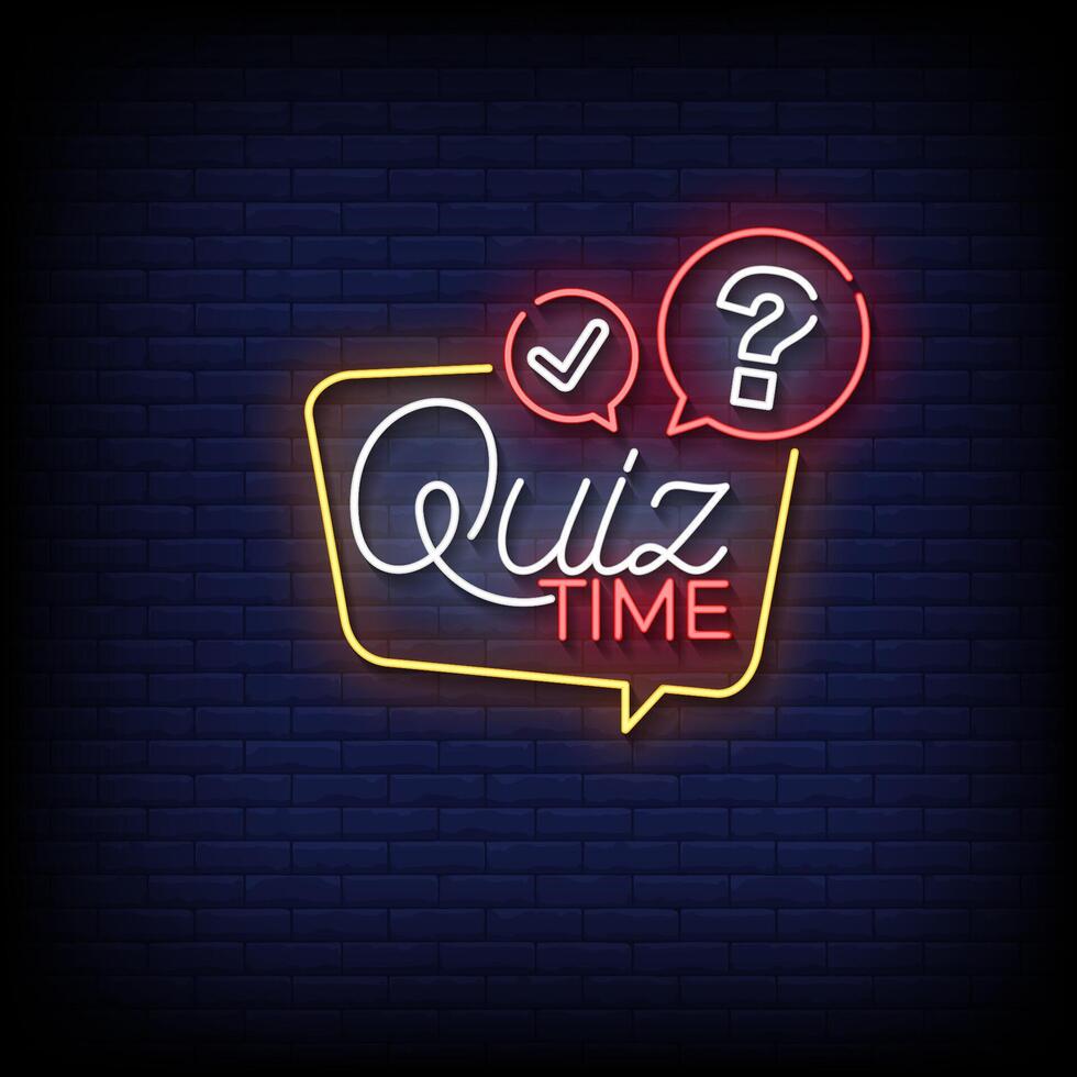 quiz time neon sign brick wall background vector