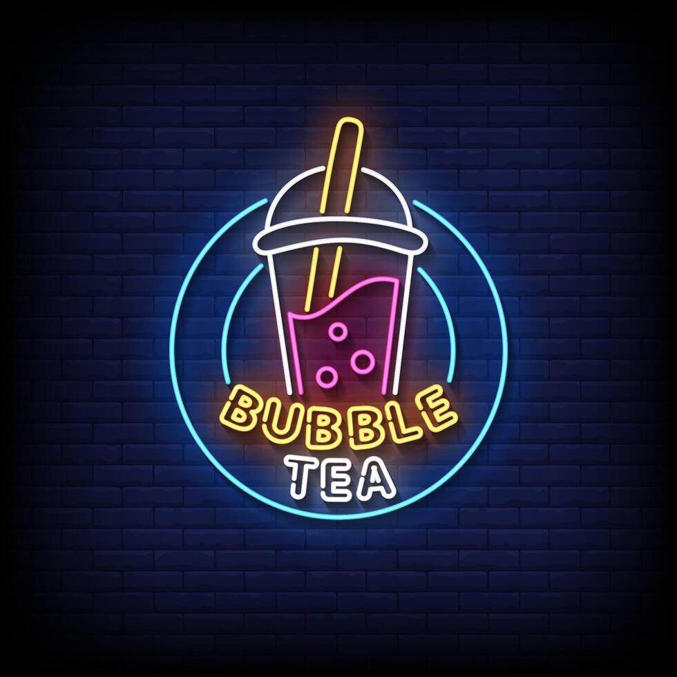 bubble tea neon sign with brick wall background vector