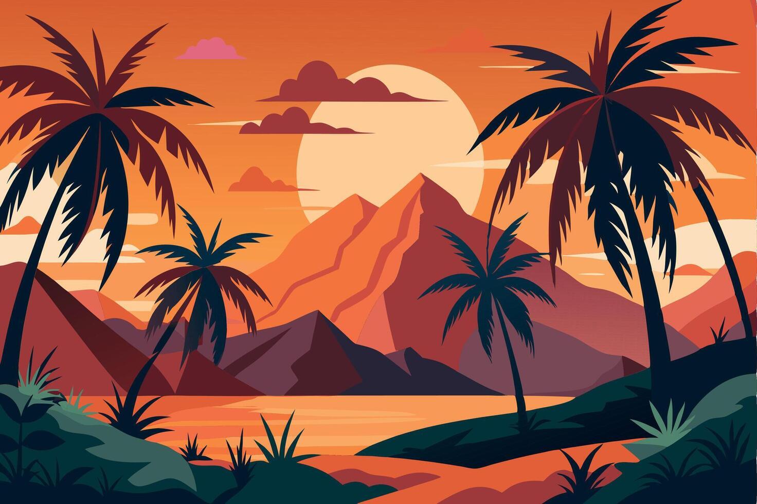 Tropical landscape with palm trees and mountains vector